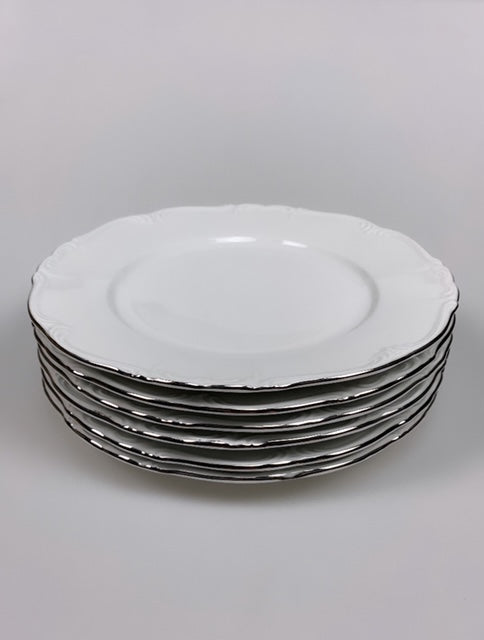 Set of 6 vintage plates with silver-colored trim